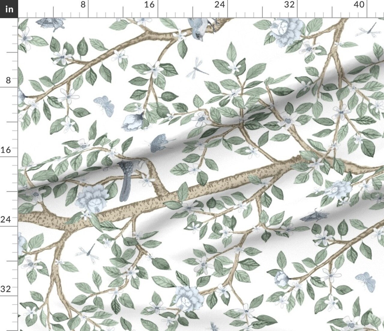 Various Fabrics by the Yard or Fat Quarter Botanical Nature Floral Blue Green Tree Spring Bird Large Scale Art Nouveau Chinoiserie Custom Printed Fabric by Spoonflower